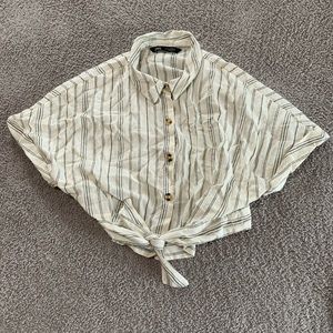 NWOT Linen Self Tie Button Down Cropped Blouse